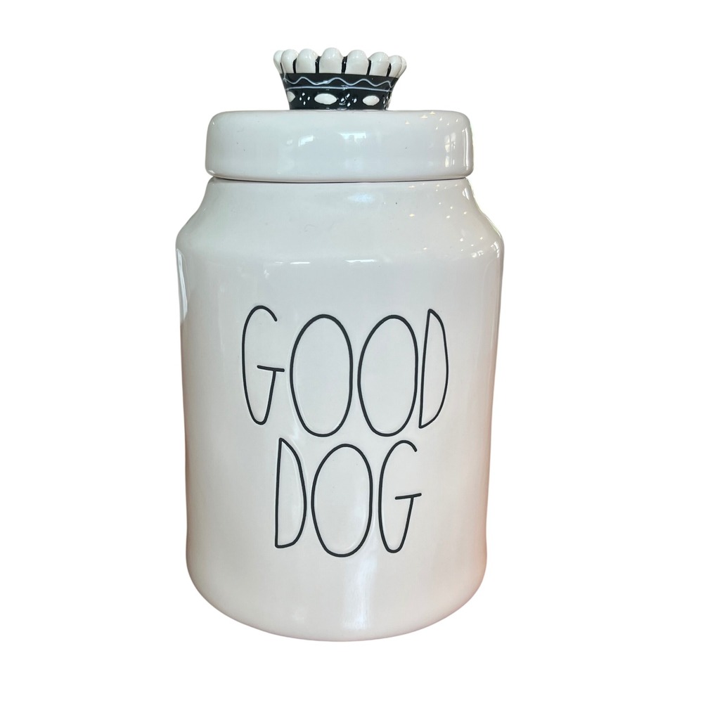 Rae Dunn GOOD DOG Ceramic Pet Treat Canister White Black Crown Lid Magenta